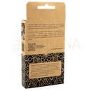 Braune kartonverpackung mit schwarz-weißem muster und text zu palo santo holzkerzen für spirituelle reinigung und raumreinigung