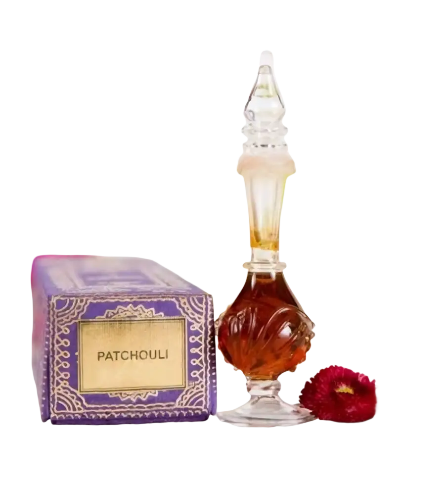 Patchouli Noir Duftöl in 5 ml mundgeblasener Glasflasche von Song of India, aromatisches Duftöl für Wohlbefinden.