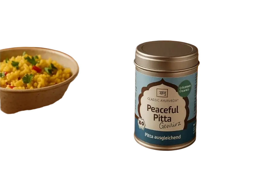 Bio Peaceful Pitta Gewürz von Classic Ayurveda in zylindrischem Metallbehälter, 70g, mit grünen und braunen Gewürzstücken.