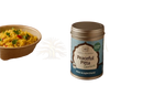 Ein zylindrischer metallbehälter mit silbernem deckel und blauem etikett peaceful pitta bio 70g vata balance spice