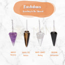 Vier polierte mineralpendel mit amethyst, tigerauge, facettiertes weisses quarzpendel handgefertigt im mana shop bern