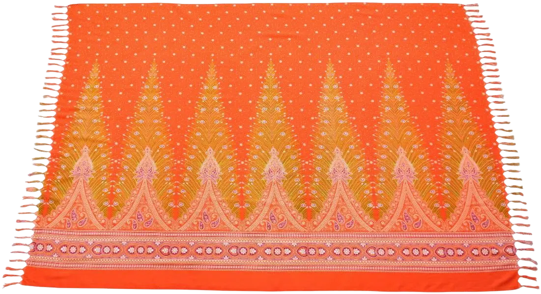 Vibrante orange batik-inspirierte lunghi sarong tuch 160x115 mit gold und pink mustern und fransen am rand