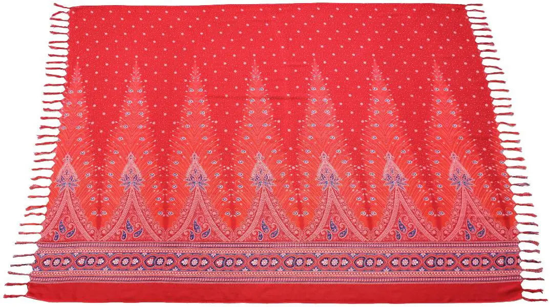 Vibrante rote pfauenfedern lunghi sarong tuch mit paisley mustern und fransen 160x115cm von mana shop