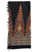Schwarzer lunghi sarong mit goldbraunen pfauenfedermustern und paisley bordüre tr-41 pfauenfedern dunkelblau
