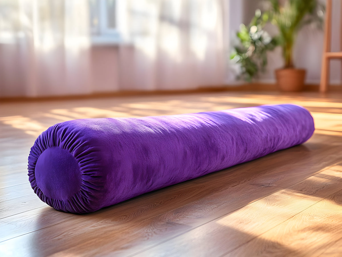 Lila Yoga-Bolster aus Samt auf einem Holzboden in einem sonnigen Raum
