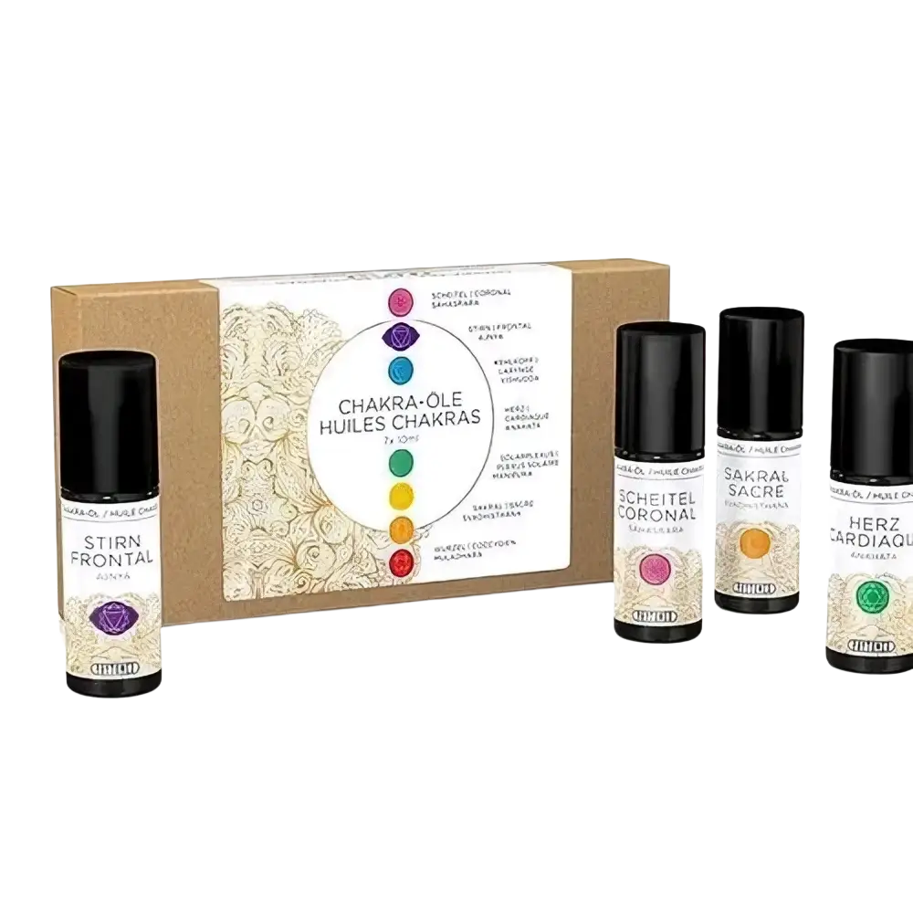 Phytomed Chakra Öl Set mit 7 ätherischen Ölen in 10ml Flaschen mit schwarzen Kappen, für Chakra-Ausgleich und Entspannung.