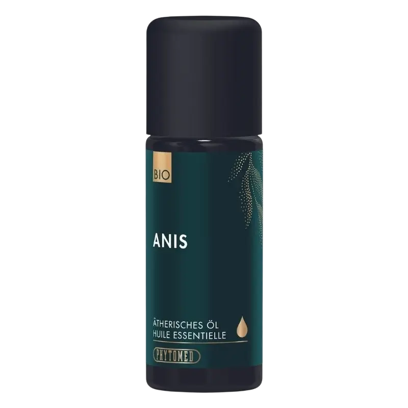 Bio Anis ätherisches Öl von Phytomed, 10 ml Flasche, dunkelgrüner Inhalt, natürliches ätherisches Öl für Aromatherapie