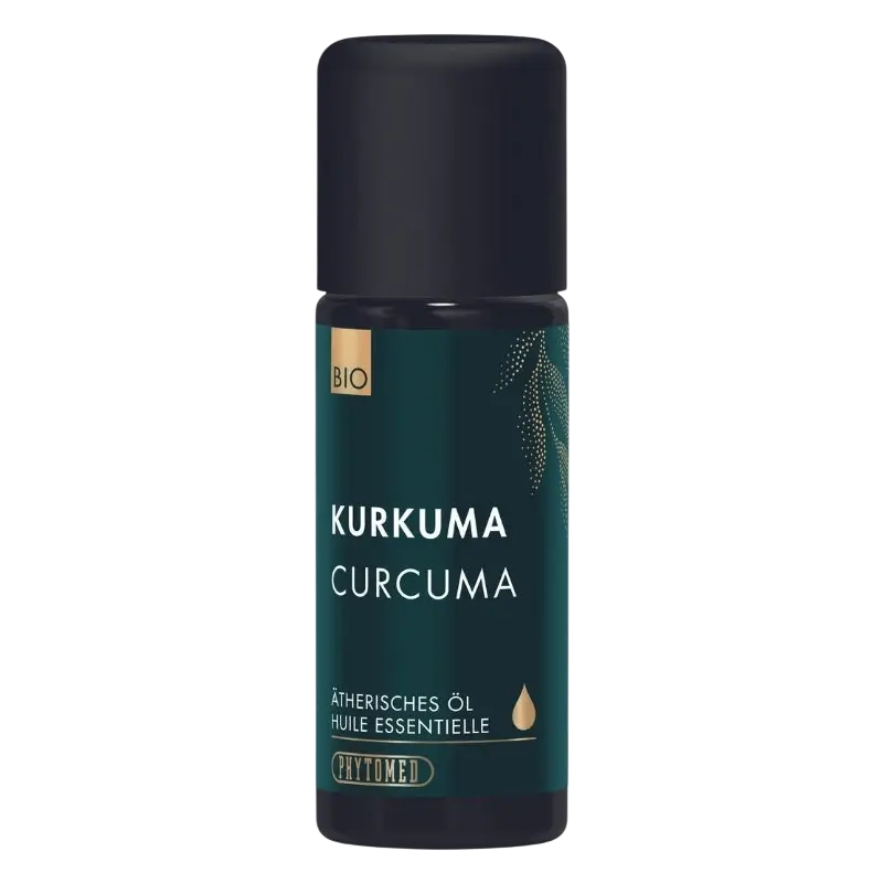 Dunkelgrünes Fläschchen mit Phytomed Kurkuma Bio Ätherisches Öl, 10 ml, naturbelassenes ätherisches Öl in dunkler Verpackung