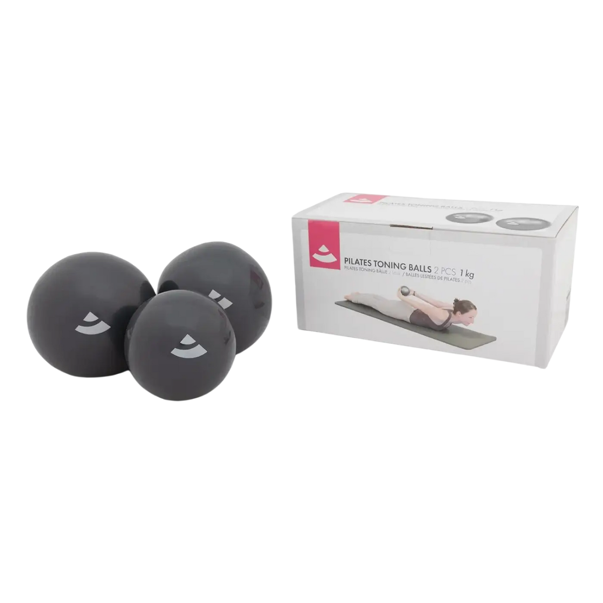 Zwei anthrazitfarbene Pilates Toning Bälle von Bodynova, jeweils 1000 g, für Yoga-Übungen, auf weißem Hintergrund.