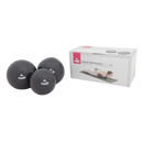 Drei anthrazitfarbene pilates toning bälle 2x 1000 g mit weißem logo für sanftes gewichtstraining