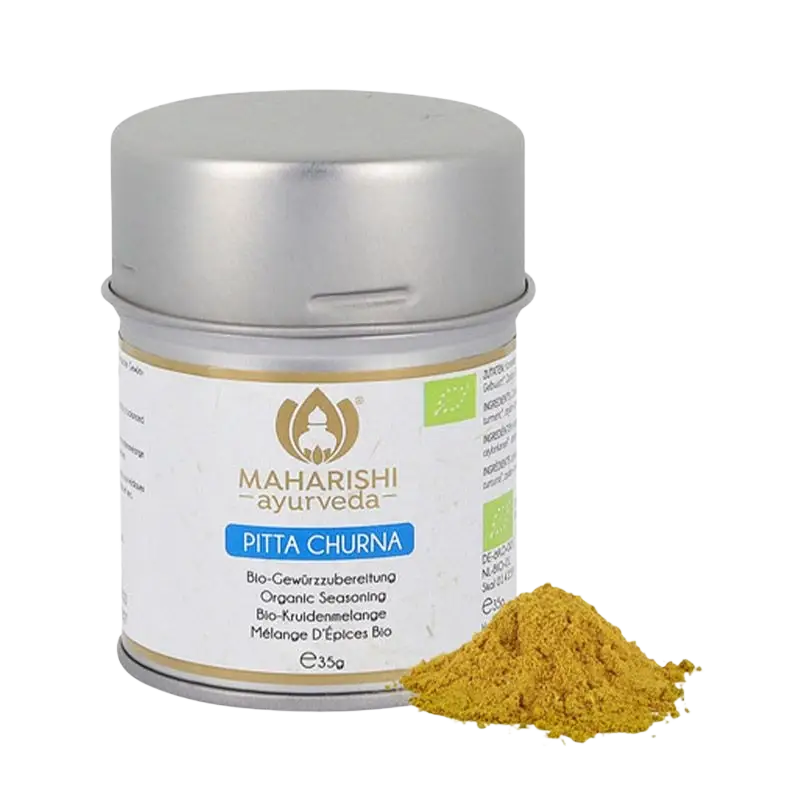 Bio Pitta Churna Gewürzmischung von Maharishi in silbernem Zylinder, 35g, natürliche Gewürze für die ayurvedische Küche