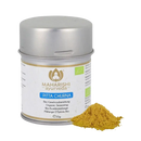 Eine silberne zylindrische dose pitta churna bio gewürzmischung 35g mit goldlogo und goldenem pitta churna organic pulver