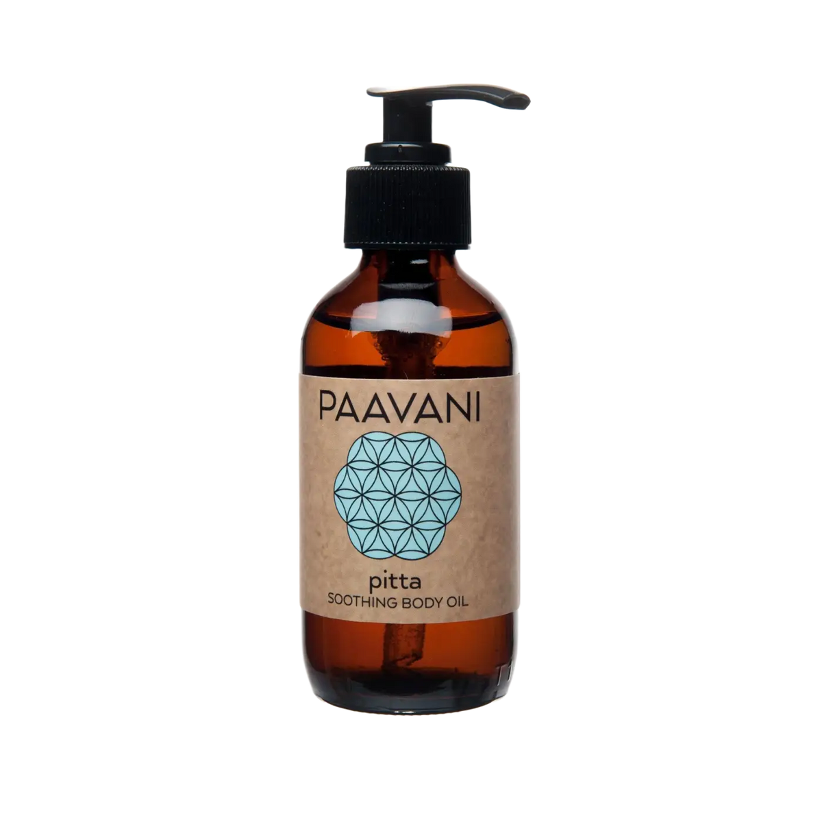 Ein elegantes bernsteinfarbenes glasfläschchen mit schwarzem pumpspender für paavani pitta body oil mit kühlem abhyanga-öl für empfindliche haut