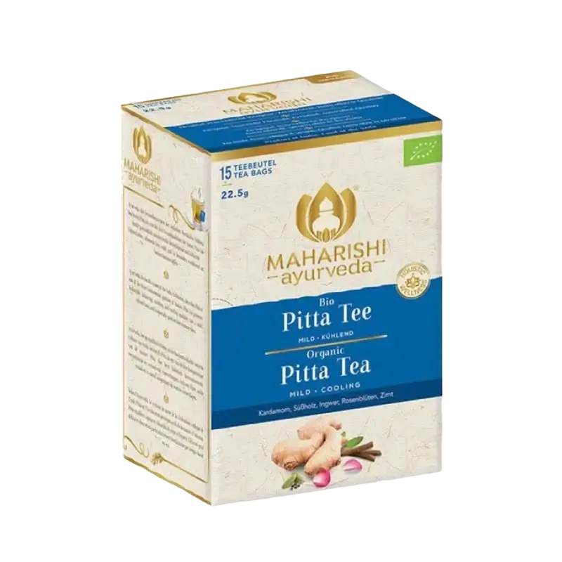 Bio Pitta Tee von Maharishi mit ayurvedischen Kräutern und Gewürzen, in einer Tasse.