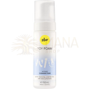 Ein transparenter weißer pjur toy foam flasche mit gelbem logo und blauem verlaufsetikett für foam toy reinigung 150ml