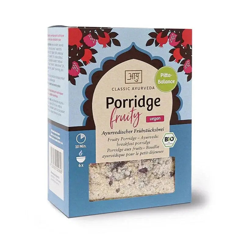 Bio-Frühstücksmischung Porridge Fruchtig von Classic Ayurveda, 480 g, mit bunten Früchten für ein gesundes Frühstück.