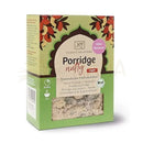 Grüne box porridge nussig bio 480g mit klarer fensteröffnung und dekorativen rot-orange blättermustern classic ayurveda