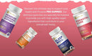 Vier flaschen prowise pro vegane gummibärchen pränatale pflege gummies mit vitamin b12 und farbigen etiketten