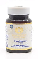 Dunkelbraune glasflasche mit weißem deckel und goldenem randetikett von maharishi ayurveda prana rasayana traditionelle ayurvedische kräuter