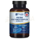 Braune glasflasche mit schwarzem deckel und label prowise healthcare pro bio cultures complex probiotic strains 77 milliarden cfu