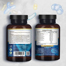 Zwei dunkelbraune plastikflaschen mit schwarzem deckel und weißem etikett zeigen rückseite mit nährwertangaben zu probiotic strains bio cultures complex und 77 milliarden cfu
