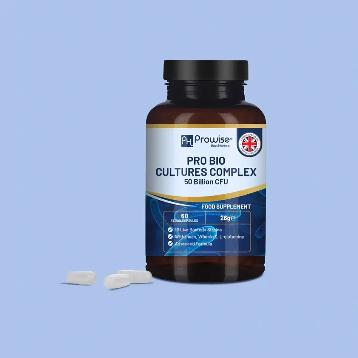 Pro Bio Cultures Complex von Prowise Healthcare, Nahrungsergänzung mit 77 Milliarden KBE Probiotika und Präbiotika, Flasche mit Kapseln