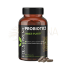 Ein braunes glasfläschchen feels supreme probiotics inner purity mit schwarzem verschluss und grünem etikett zur unterstützung der gesundheitlichen verdauung und zur stärkung des immunsystems mit probiotischen bakterien 4 milliarden kulturen