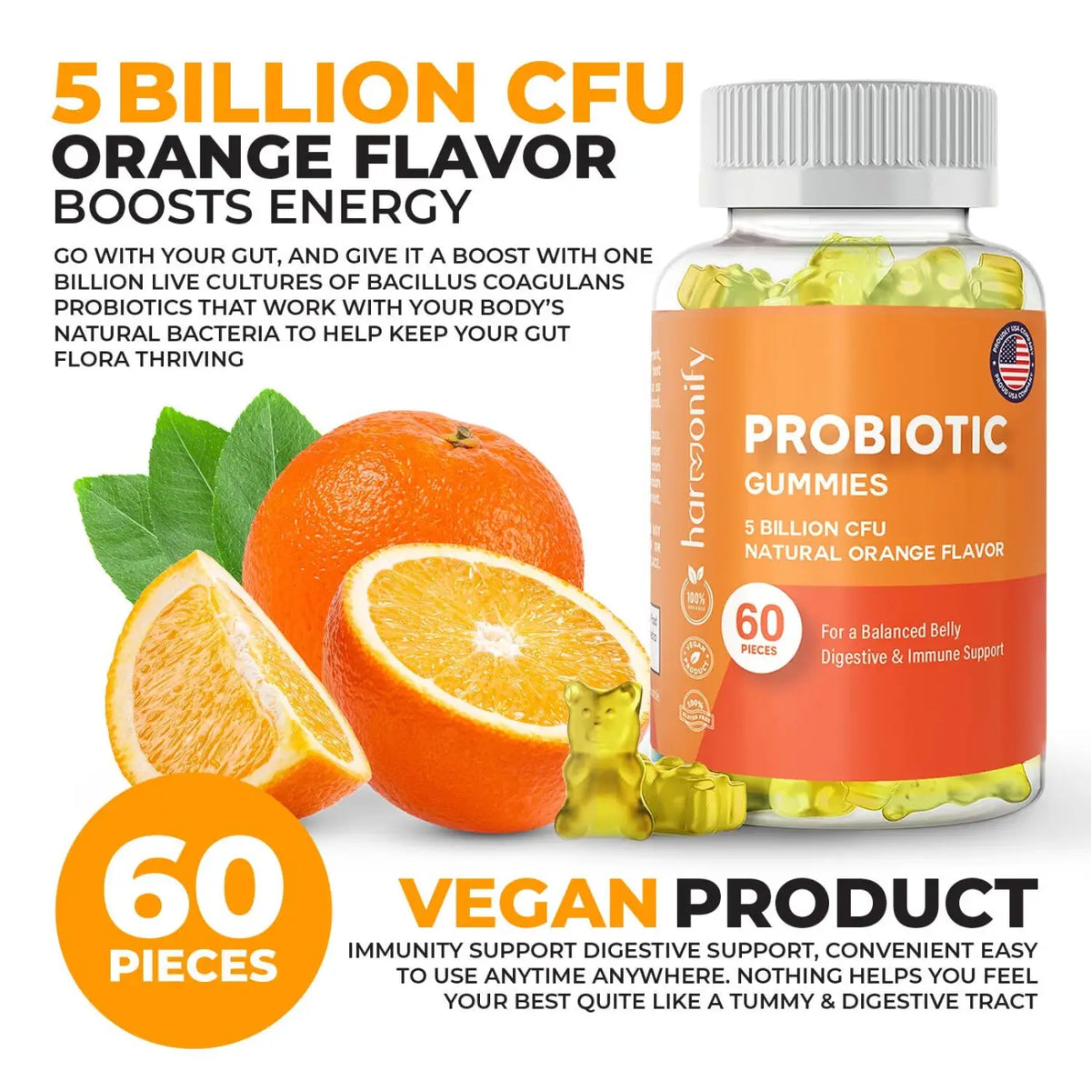 Probiotische Gummibärchen von HARMONIFY mit 5 Milliarden CFU, natürlicher Orangengeschmack, Nahrungsergänzung, 1000 mg Probiotika