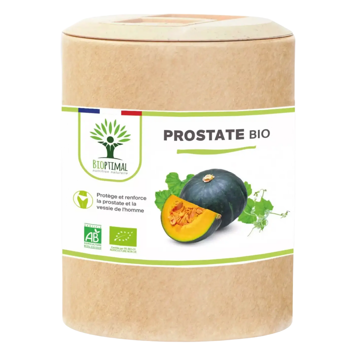 Bioptimal Prostate Bio Nahrungsergänzung in Kapseln, sichtbare Packung mit weißen Kapseln auf weißem Hintergrund