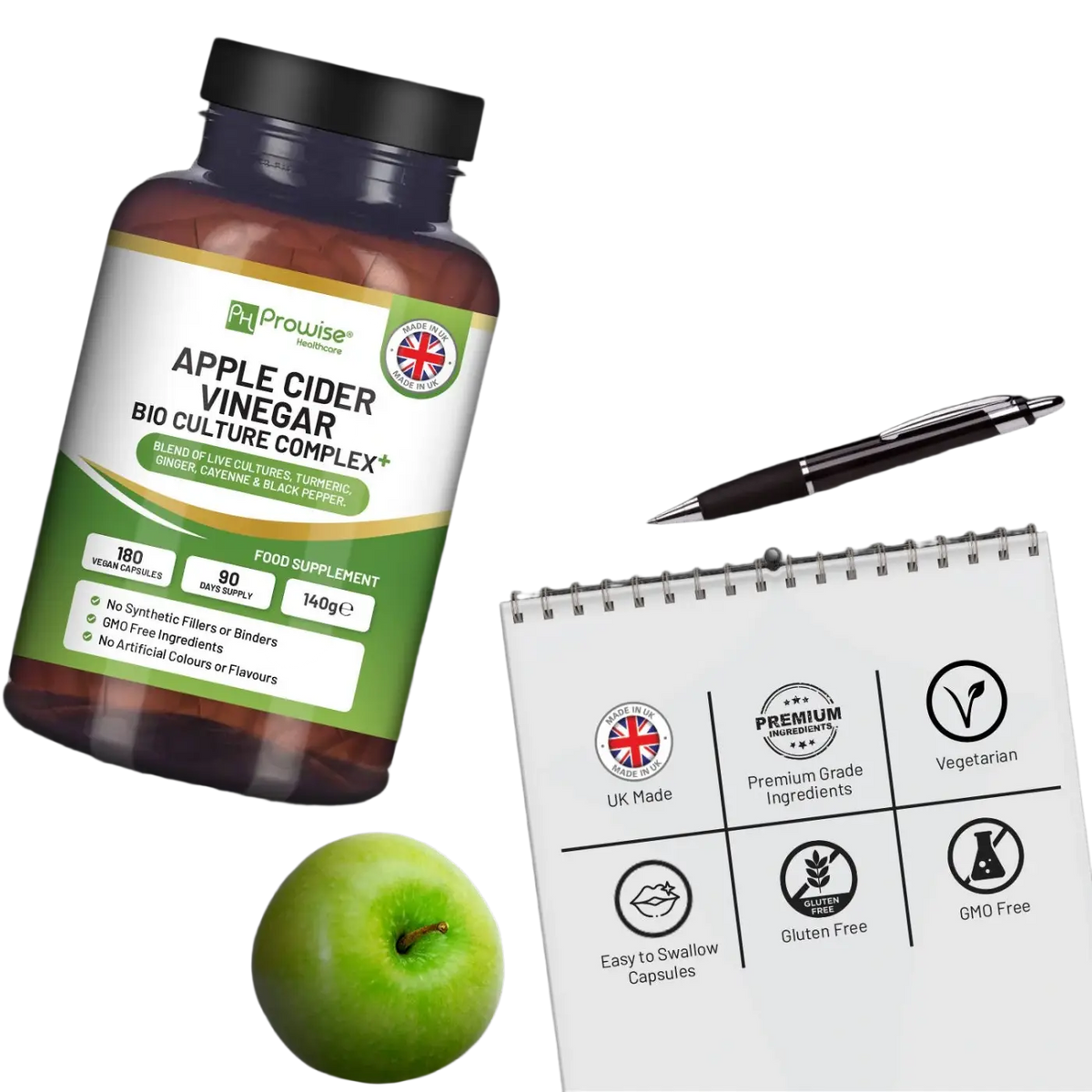 Prowise Healthcare Apfelessig-Komplex Kapseln, 1300 mg, 180 vegane Nahrungsergänzungskapseln in einer offenen Packung