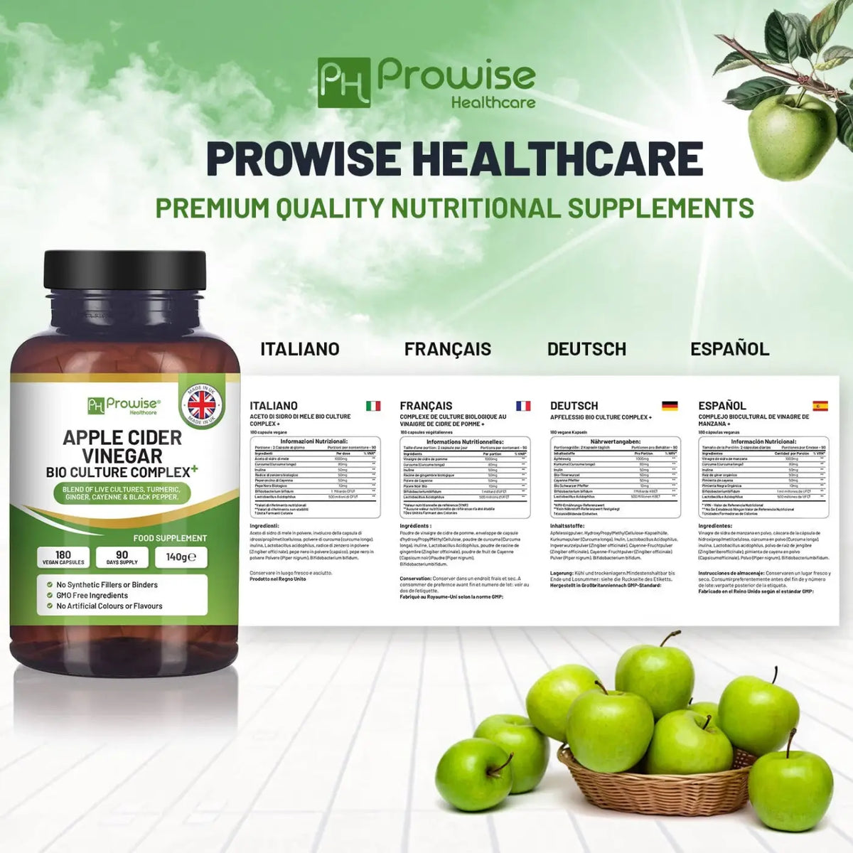Prowise Healthcare Apfelessig-Komplex Kapseln, 1300 mg, 180 Stück, Nahrungsergänzung in einer braunen Pillenbox