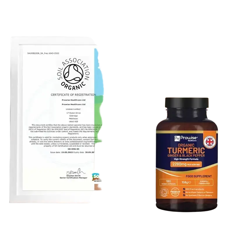 Bio-Kurkuma Nahrungsergänzung von Prowise Healthcare, hochkonzentriert mit schwarzem Pfeffer, in einer Packung mit Kapseln.