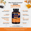 Dunkle bernsteinfarbene glasflasche mit schwarzem deckel und orange-blauem etikett von prowise healthcare bio-kurkuma 2280mg mit schwarzem pfeffer