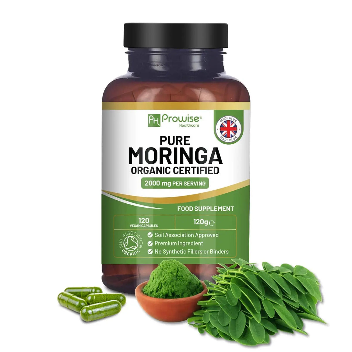 Prowise Healthcare Bio Moringa Kapseln, vegane Nahrungsergänzung mit 2000 mg Moringa aus grünen Moringablättern, 120 Kapseln