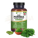 Braune flasche prowise healthcare bio moringa kapseln 2000 mg mit schwarzem deckel und veganen kapseln aus moringablättern