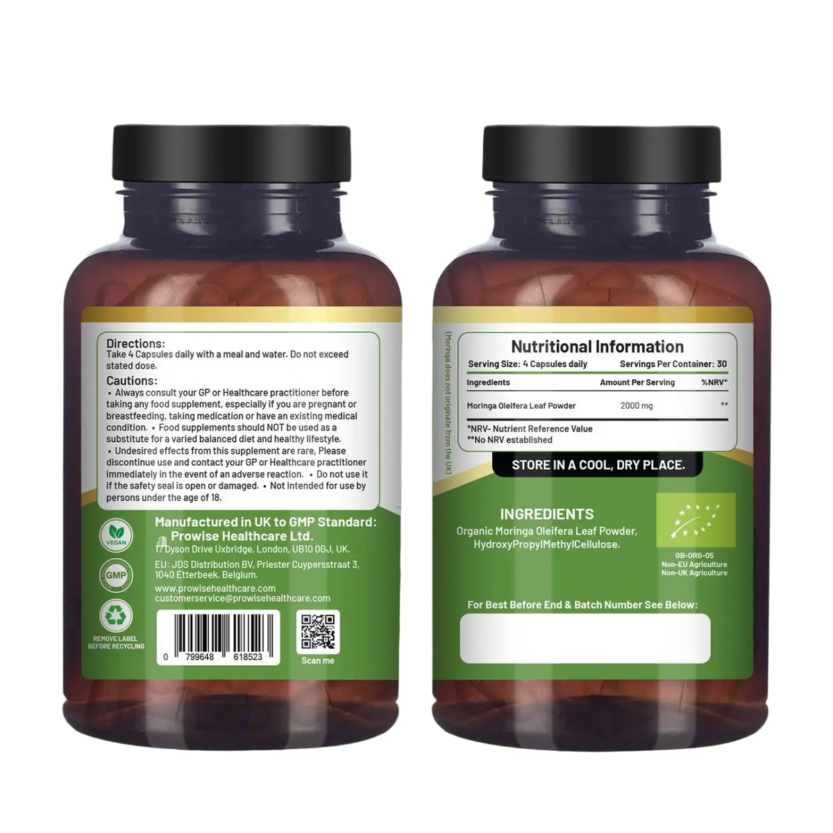 Bio Moringa Kapseln von Prowise Healthcare, vegane Nahrungsergänzung aus Moringablättern, 2000 mg, 120 Kapseln.