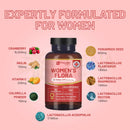 Eine dunkelbernsteinfarbene glasflasche mit schwarzem verschluss und pinkem etikett von prowise healthcare frauen flora 20 milliarden cfu 60 vegane kapseln