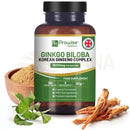 Braune glasflasche prowise healthcare ginkgo biloba koreanische ginseng komplex supplement mit schwarzem deckel und grünem etikett