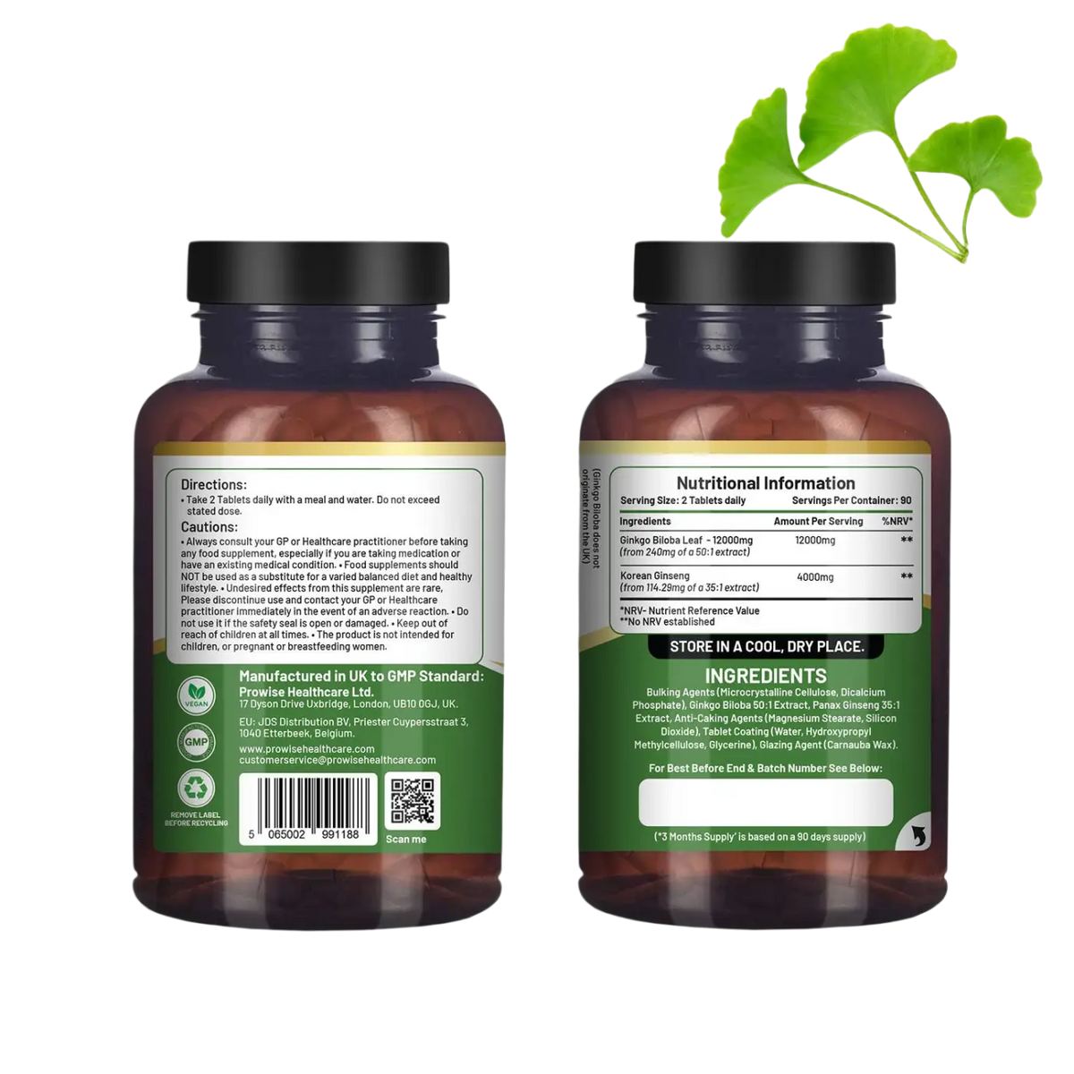Prowise Healthcare Ginkgo Biloba und koreanischer Ginseng Nahrungsergänzung in 180 veganen Tabletten, 16.000 mg.