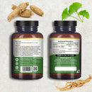 Zwei bernsteinfarbene glasflaschen von prowise healthcare mit schwarzen deckeln und grünen etiketten mit nährwertangaben für ginkgo biloba und koreanische ginseng tabletten