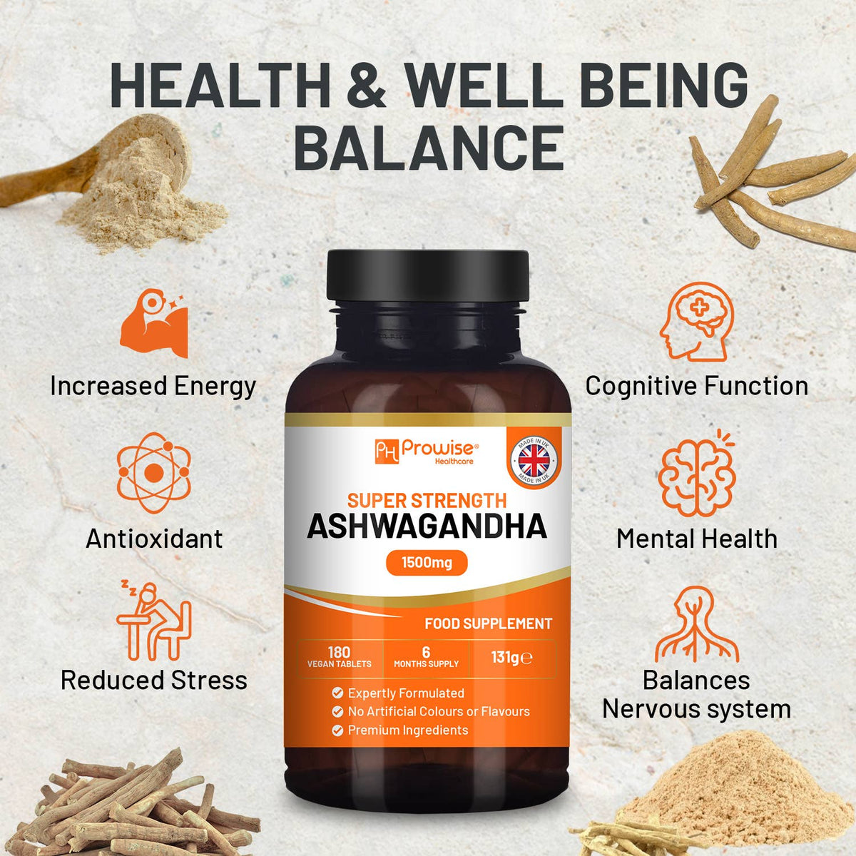 Prowise Healthcare Ashwagandha Nahrungsergänzung, 1500 mg, 180 vegane Tabletten, für 6 Monate.