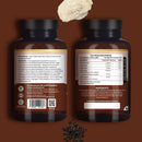 Zwei dunkle Ergänzungsmittel-Flaschen, die Anweisungen, Nährwertangaben und Inhaltsstoffe für Lion's Mane Tabletten zeigen.