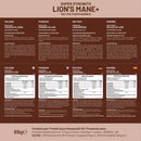 Ein detailliertes Produktetikett für Lion's Mane+ Nahrungsergänzungsmittel mit Anweisungen und Nährwertangaben in vier Sprachen.