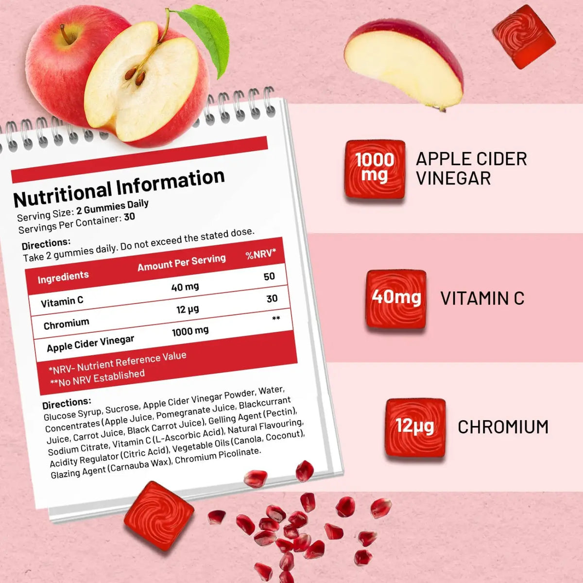 Prowise Healthcare vegane Apfelessiggummis, hochdosiert mit 1000 mg, Nahrungsergänzung in einer Packung mit Gummis