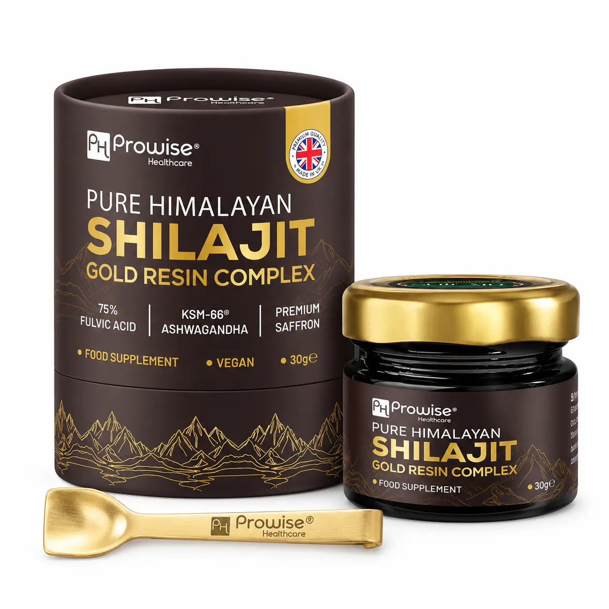 Dunkelbrauner zylinderbehälter mit goldfolie deckel und goldlöffel mit prowise healthcare pure himalayan gold resin complex label