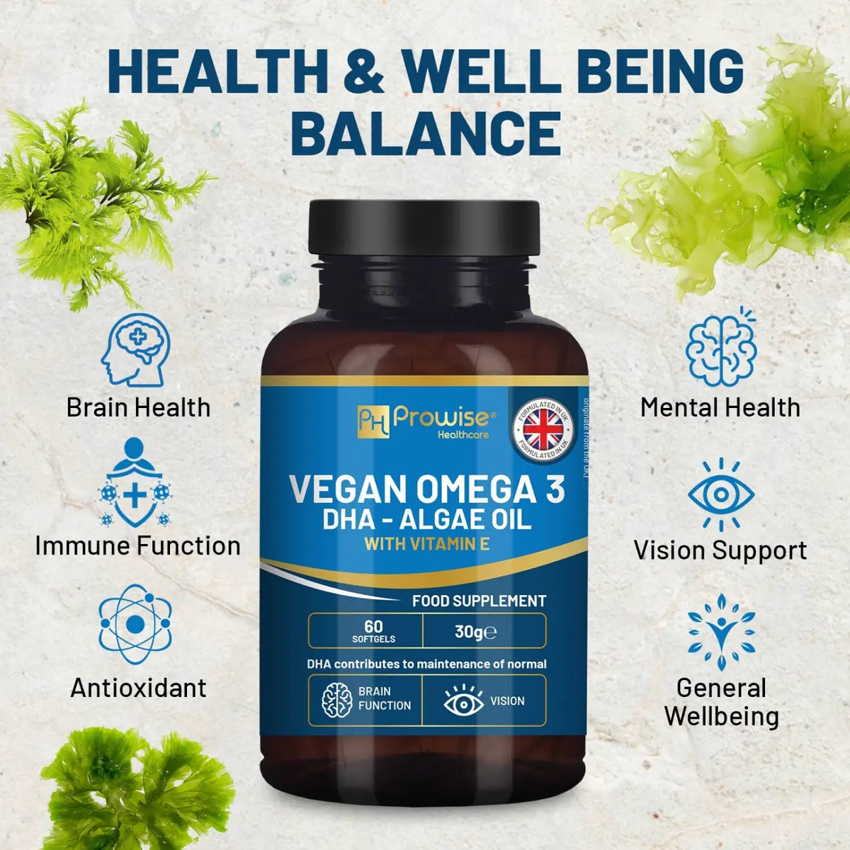Prowise Vegan Omega-3-DHA aus Algenöl, 60 Weichkapseln, Nahrungsergänzungsmittel mit Omega-3 für gesunde Ernährung