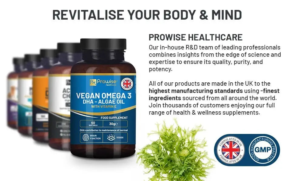 Prowise Vegan Omega-3-DHA Nahrungsergänzung in 60 Weichkapseln, Algenöl-basiert, für gesunde Omega-3-Fettsäuren.
