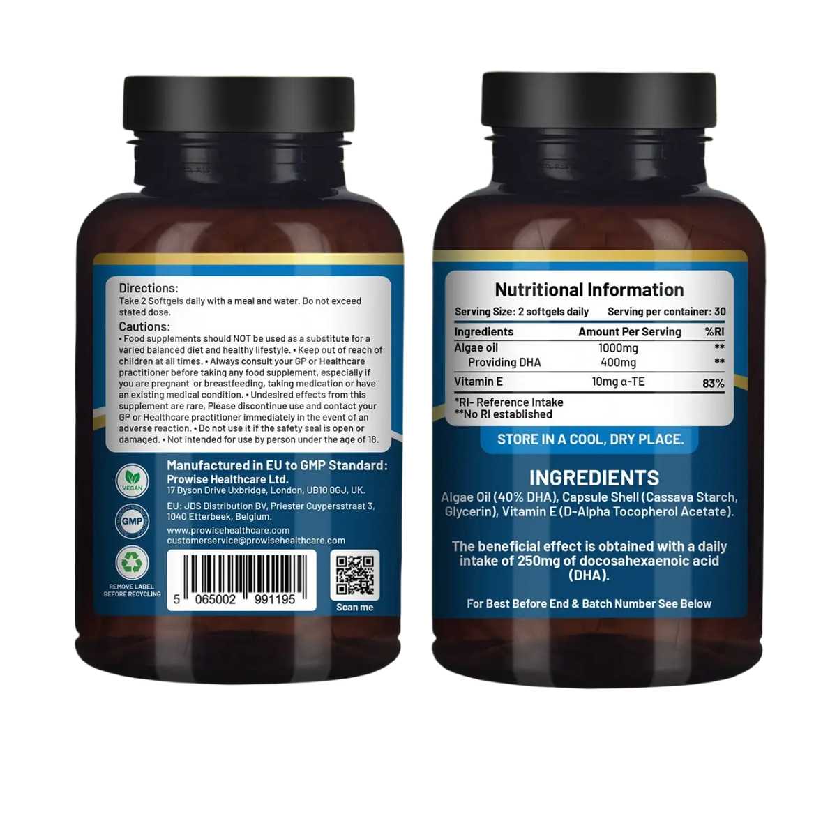 Prowise Vegan Omega-3-DHA Nahrungsergänzung in 60 Weichkapseln, Algenöl für gesunde Fettsäuren, natürliche Ergänzung