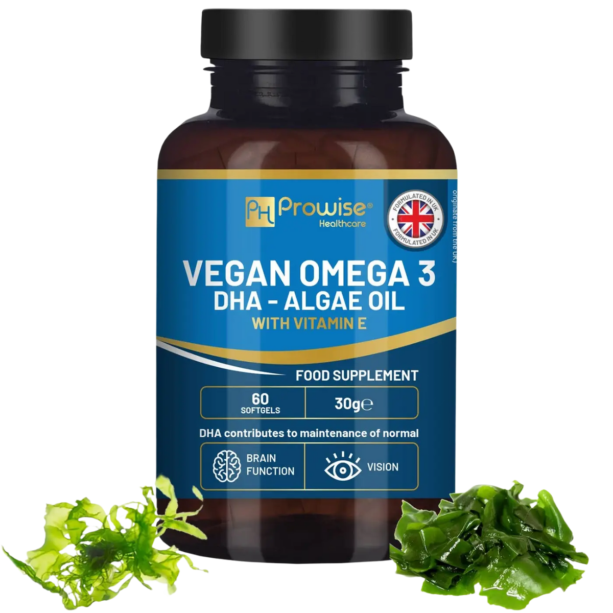 Prowise Healthcare Veganes Omega-3-DHA aus Algenöl, 60 Weichkapseln, Nahrungsergänzung mit Omega-3-Fettsäuren.