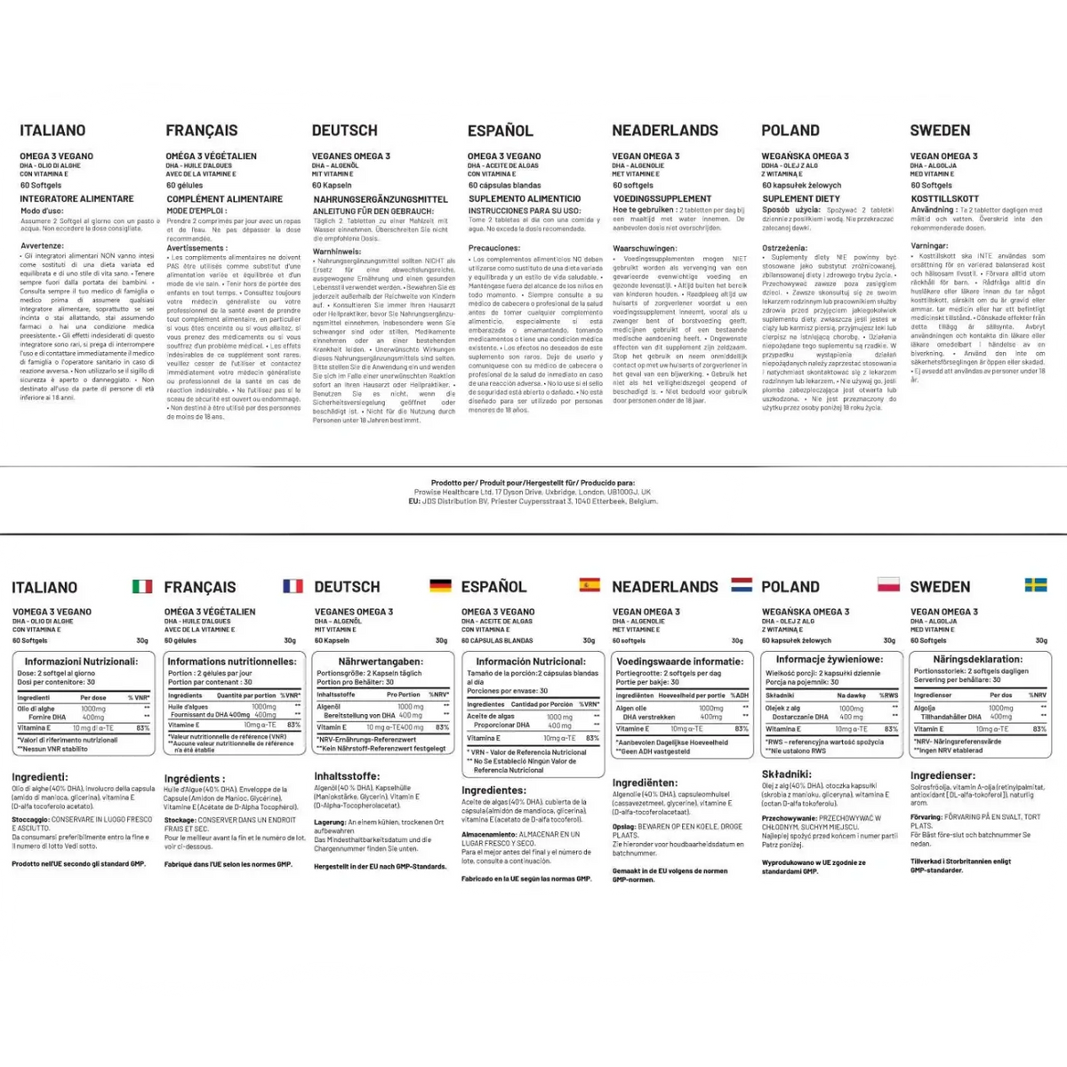 Prowise Vegan Omega-3-DHA Nahrungsergänzung in 60 Weichkapseln, mit Algenöl, für gesunde Fettsäuren, vegan und frei von Tierprodukten